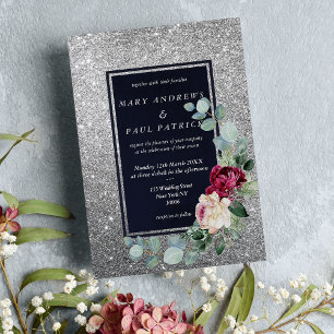Navy blue pink mint silver glitter floral Wedding  Invitation