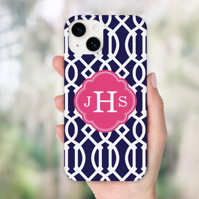 Navy Blue & Pink Modern Trellis Monogram Case-Mate iPhone Case (Creator Uploaded)