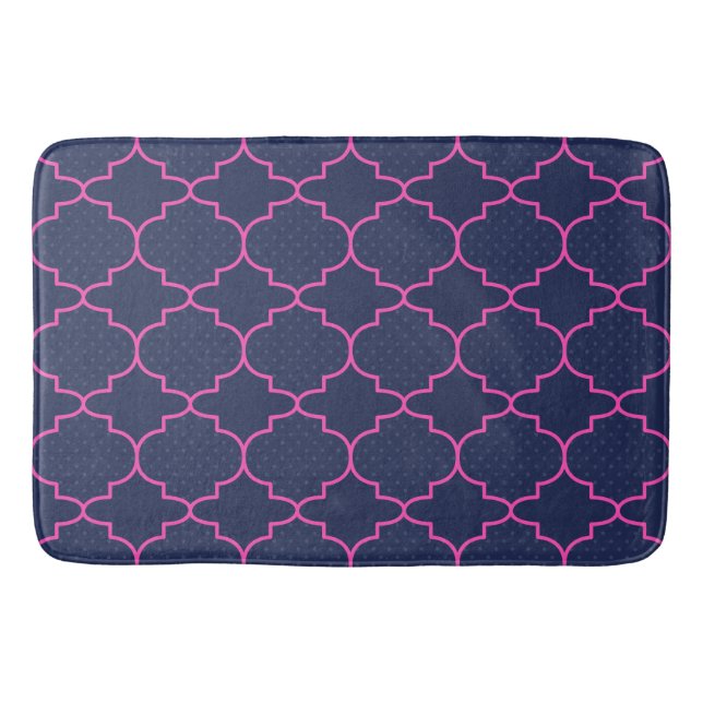 Navy Blue Pink Moroccan Pattern With Polka Dots Bath Mat (Front)