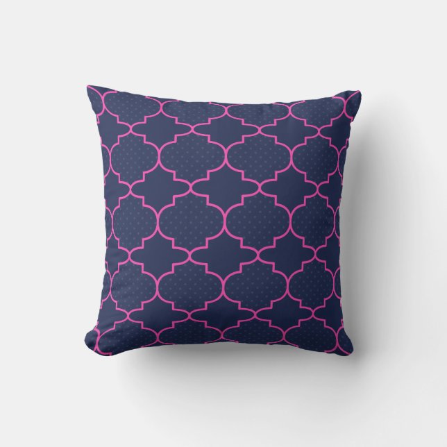 Navy Blue Pink Moroccan Pattern With Polka Dots Cushion (Front)
