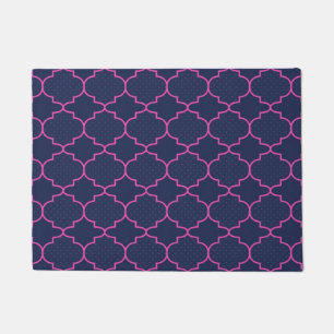 Navy Blue Pink Moroccan Pattern With Polka Dots Doormat