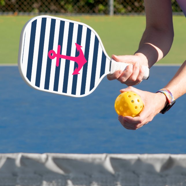 Navy Blue Pink Nautical Anchor Stripes Pickleball Paddle (Insitu)