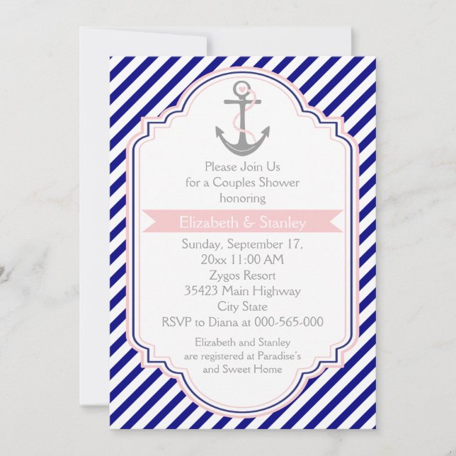 Navy blue, pink nautical couples wedding shower invitation (Front)
