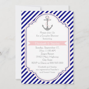 Navy blue, pink nautical couples wedding shower invitation