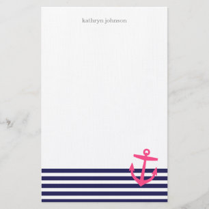 Navy Blue & Pink Nautical Stripes and Cute Anchor Stationery