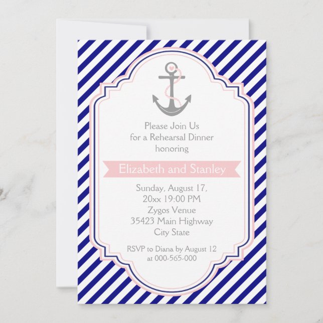 Navy blue, pink nautical wedding rehearsal dinner invitation (Front)