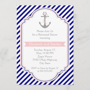 Navy blue, pink nautical wedding rehearsal dinner invitation