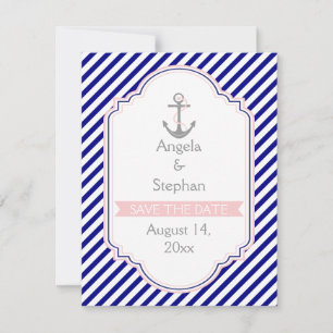 Navy blue, pink nautical wedding Save the Date Invitation