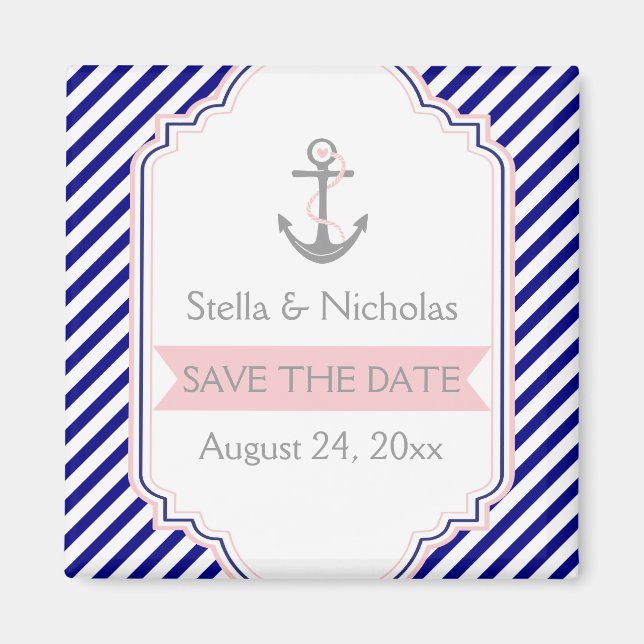Navy blue, pink nautical wedding Save the Date Magnet (Front)