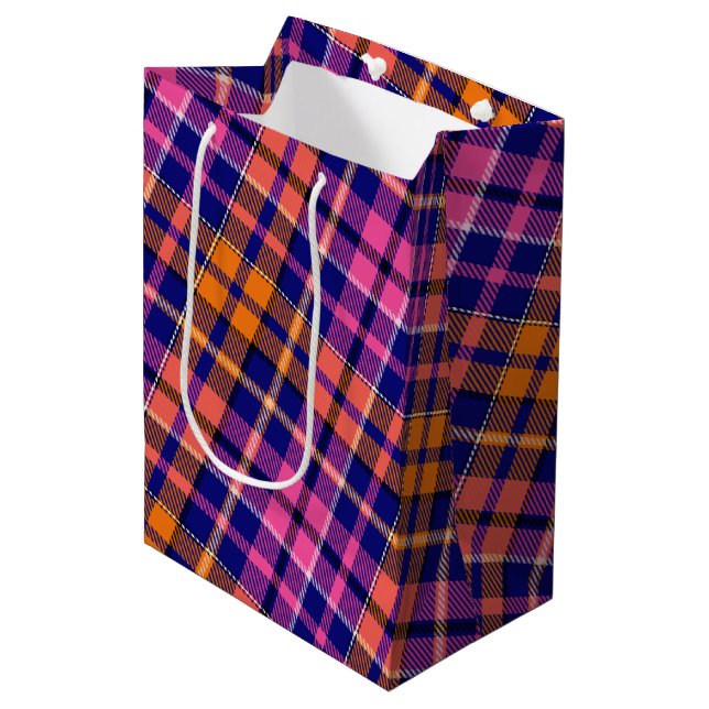 Navy Blue Pink Orange Plaid Tartan Design  Medium Gift Bag (Front Angled)