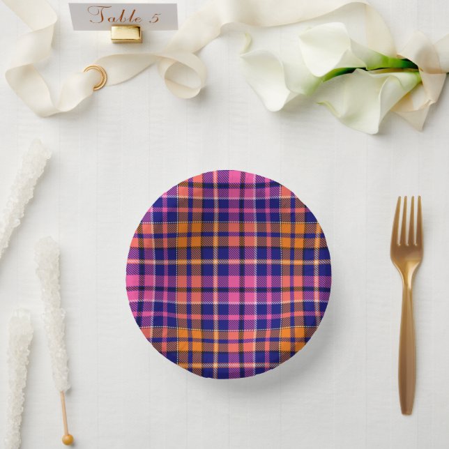Navy Blue Pink Orange Plaid Tartan Design  Paper Plate (Wedding)