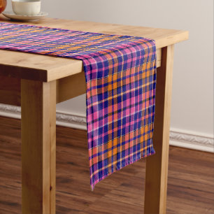 Navy Blue Pink Orange Plaid Tartan Design  Short Table Runner