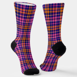 Navy Blue Pink Orange Plaid Tartan Design Socks