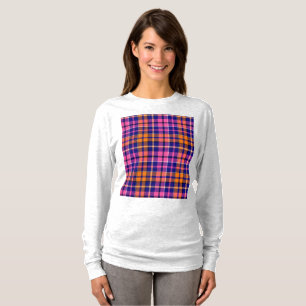 Navy Blue Pink Orange Plaid Tartan Design T-Shirt