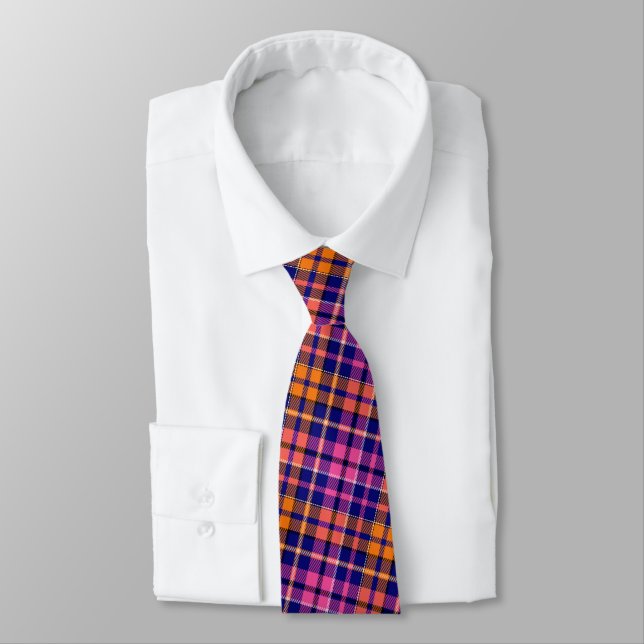 Navy Blue Pink Orange Plaid Tartan Design  Tie (Tied)