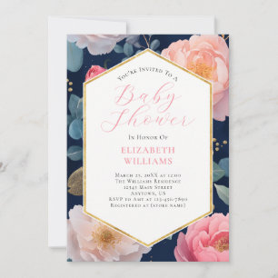 Navy Blue Pink Peonies Baby Shower Invitation
