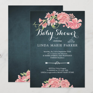 Navy blue  pink peonies floral elegant baby shower invitation