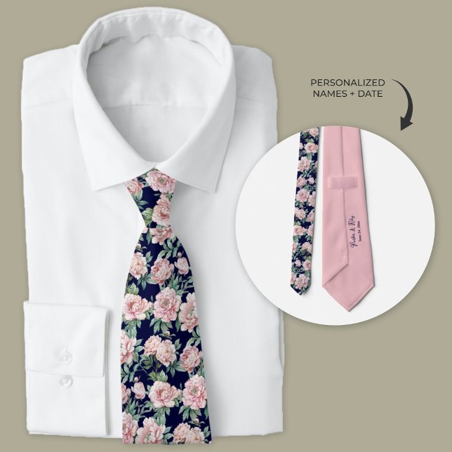 Navy Blue Pink Peony Floral Groomsmen  Tie (Navy Blue and Pink Peony floral personalized wedding neckties for groom and groomsmens)