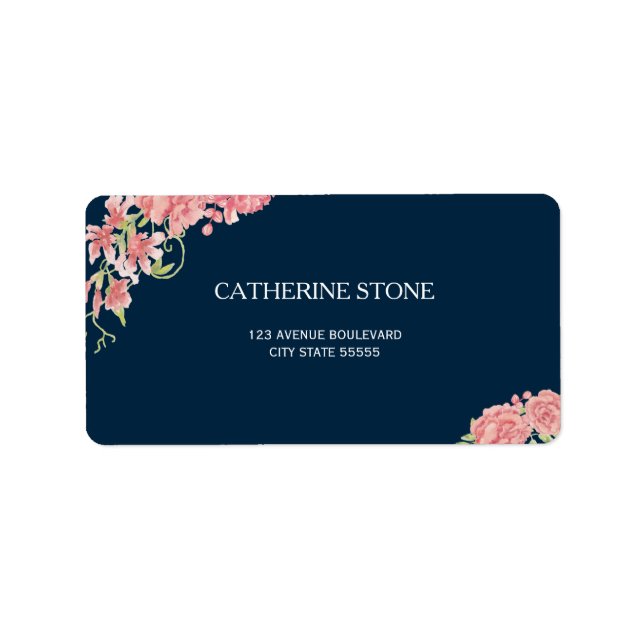 Navy blue pink peony flowers elegant wedding label (Front)