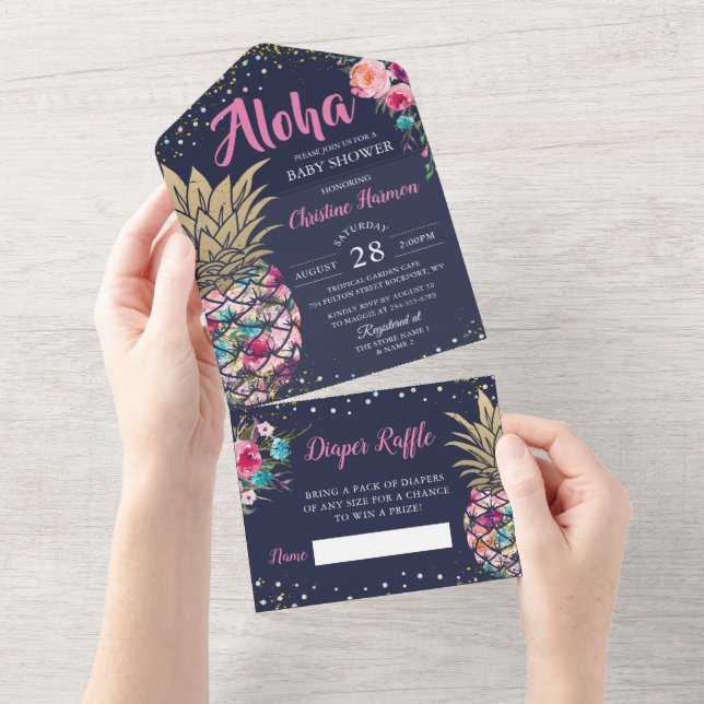 Navy Blue Pink Pineapple Floral Baby Shower All In All In One Invitation (Tearaway)