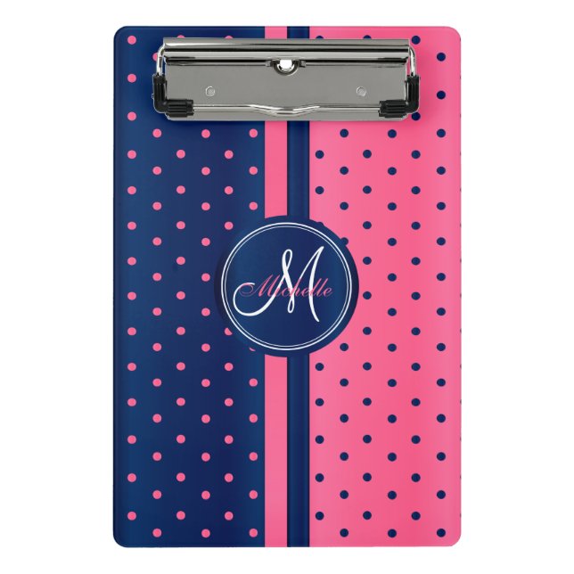 Navy Blue & Pink Polka Dots - Monogram Mini Clipboard (Front)