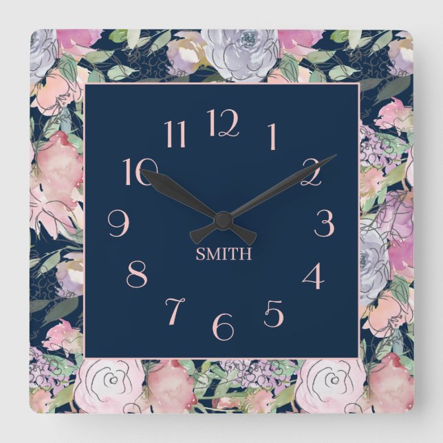 Navy Blue Pink Purple Hand Drawn Floral  Square Wall Clock (Front)