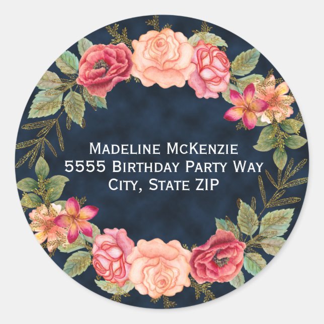 Navy Blue Pink Red Floral Envelope Address Sticker (Front)