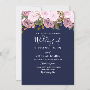 Navy Blue Pink Rose Floral Wedding Invite