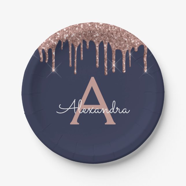 Navy Blue Pink Rose Gold Glitter Monogram Birthday Paper Plate (Front)