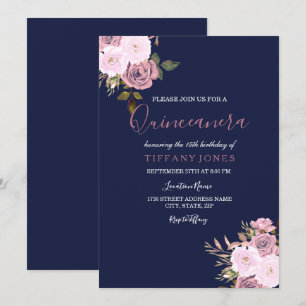 Navy Blue Pink & Rose Gold Quinceanera Invitation