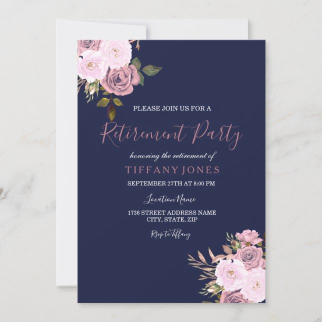 Navy Blue Pink & Rose Gold Retirement Party Invite (Front)