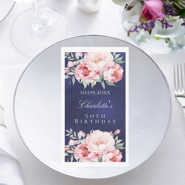 Navy blue pink roses florals elegant birthday napkin (Creator Uploaded)