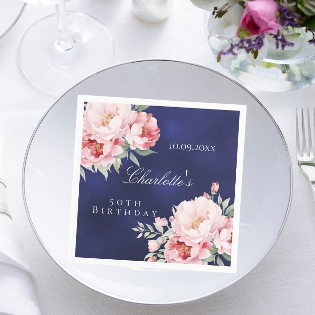 Navy blue pink roses florals elegant birthday napkin (Creator Uploaded)