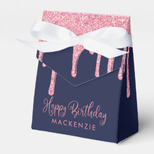 Navy Blue Pink Sparkle Glitter Drips Birthday Favour Box