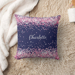 Navy blue pink sparkles girl name cushion