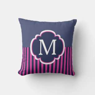Navy Blue Pink Stripes Monogram Cushion