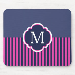 Navy Blue Pink Stripes Monogram Mouse Mat