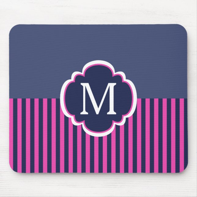 Navy Blue Pink Stripes Monogram Mouse Mat (Front)