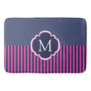 Navy Blue Pink Stripes Monogram Pillow Bath Mat