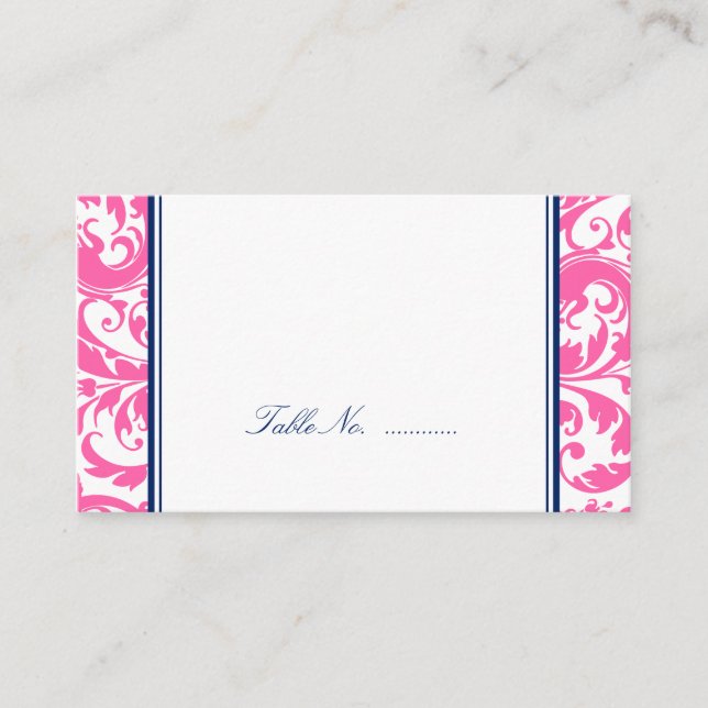 Navy Blue Pink Swirl Damask Wedding Place Cards (Front)