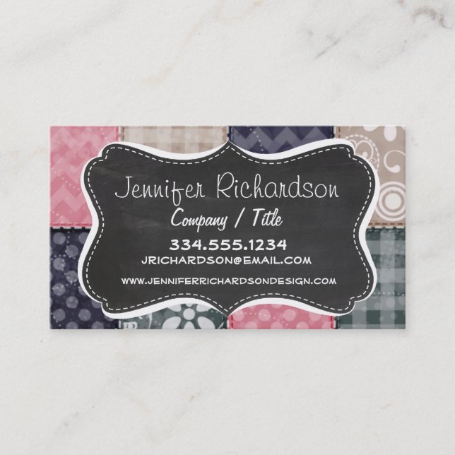 Navy Blue, Pink, Tan, and Grey Cute Quilt look Business Card (Front)