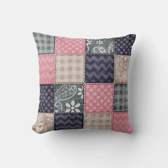 Navy Blue, Pink, Tan, and Grey Cute Quilt look Cushion (Front)