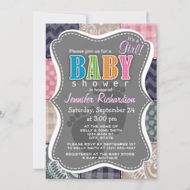 Navy Blue, Pink, Tan, and Grey Cute Quilt look Invitation (Front)