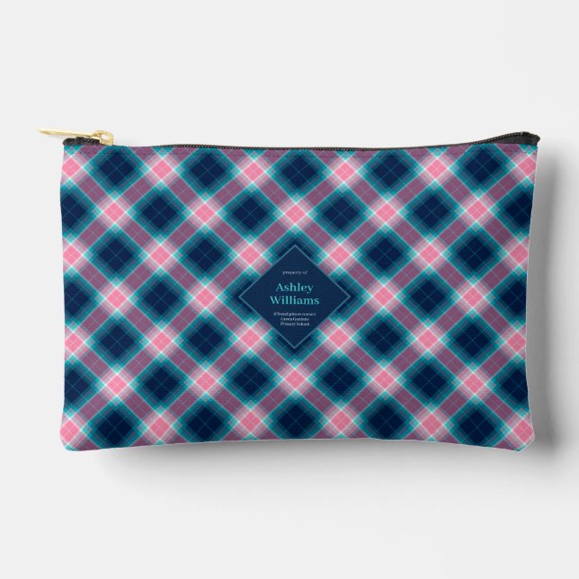 Navy Blue & Pink Tartan Plaid Personalised Accessory Pouch (Front)