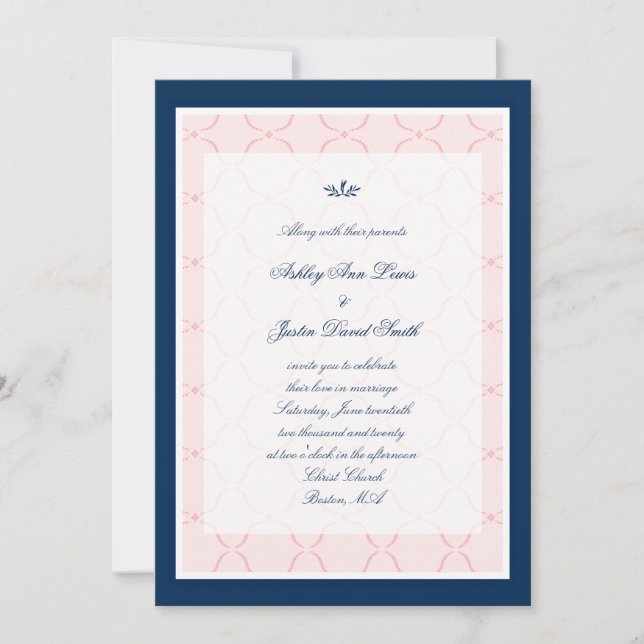 Navy Blue Pink Traditional Wedding Invitation (Front)