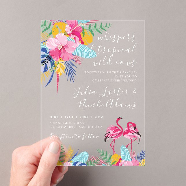 Navy Blue Pink Tropical Wild Rain Forest Wedding Acrylic Invitations (Insitu (Handheld))