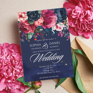 Navy blue pink vintage roses wedding template