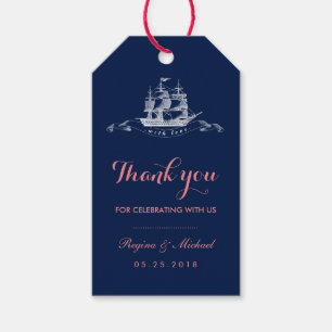 Navy Blue Pink Vintage Ship Beach Wedding Gift Tag