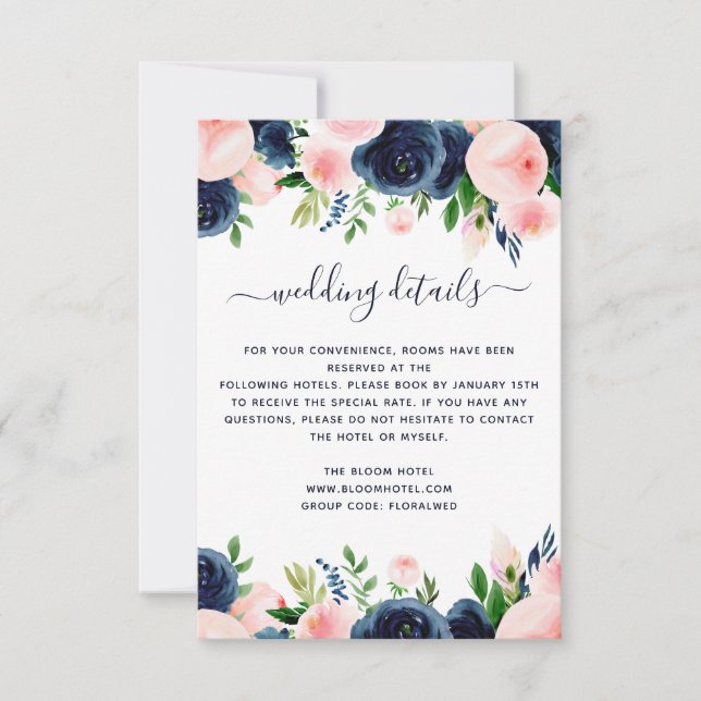 Navy Blue Pink Watercolor Floral Wedding Details Invitation (Front)