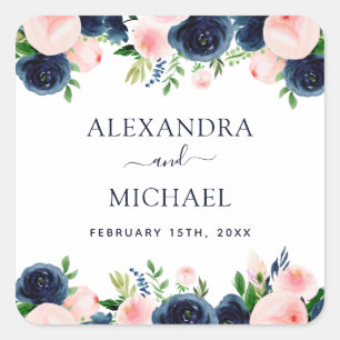 Navy Blue Pink Watercolor Floral Wedding Seal